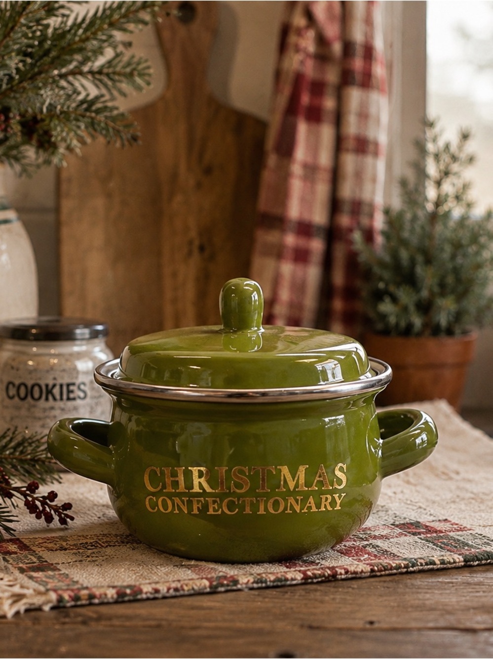 Christmas Confectionary Mini Green Ceramic Serving Pot with Lid